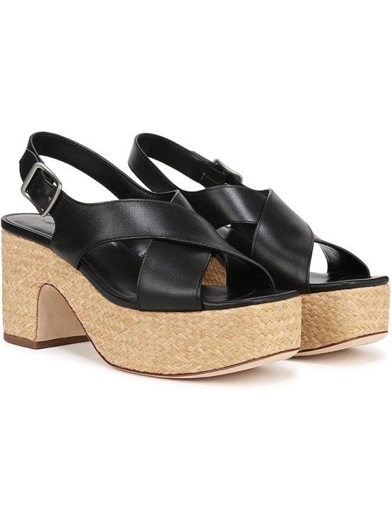 Vince Shoes - Vince Women's Clementina Heeled Sandal Black Leather Platform Slingback Raffia 5